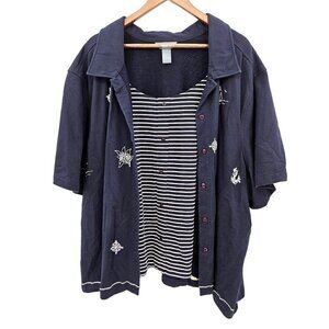 Koret Cardigan Built in Tank Siez 5X Navy Blue Nautical Boat Cruise Ship Striped